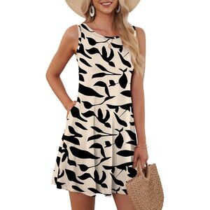 Women's Apricot Black Sleeveless Crew Neck Summer Boho Beach Dress with Pockets